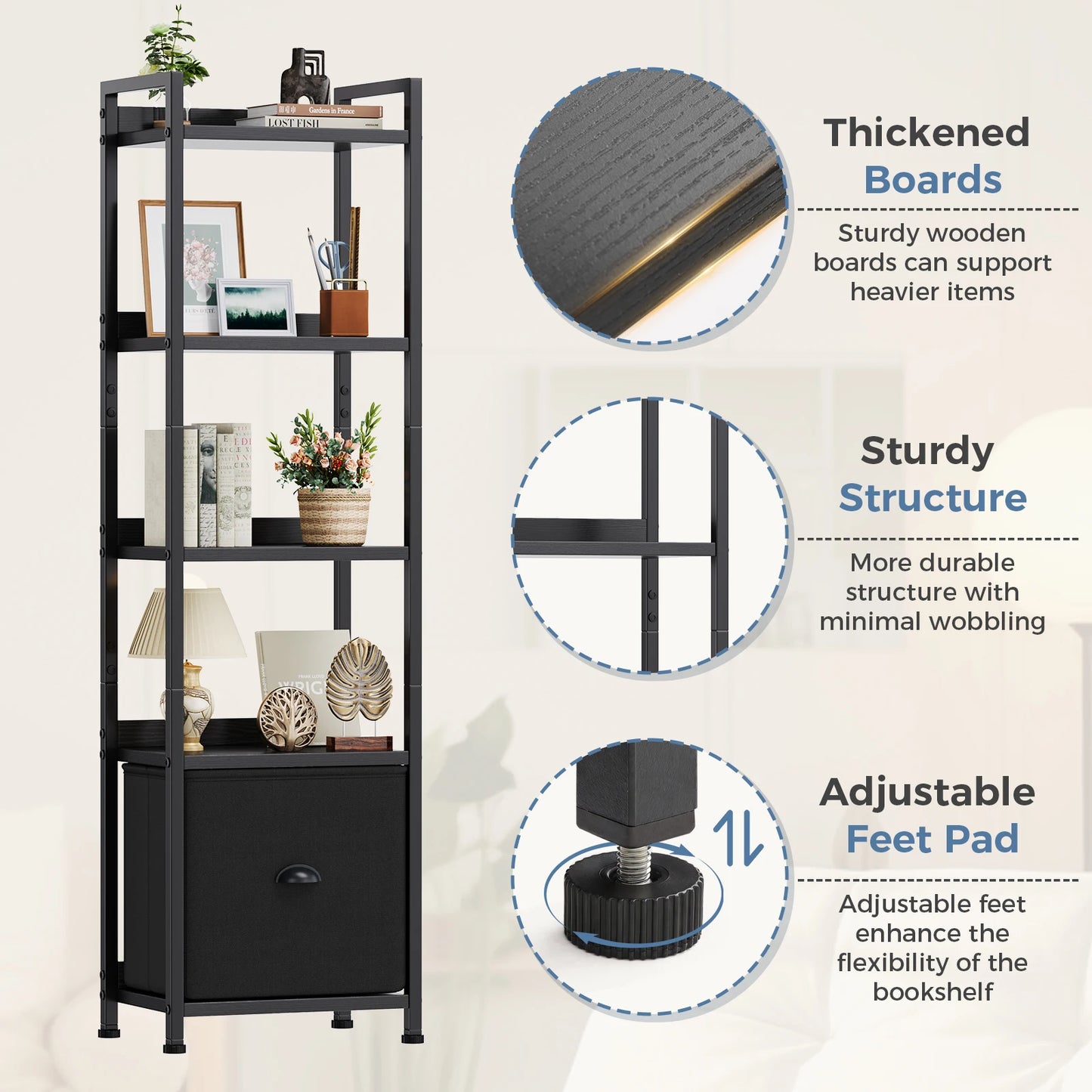 MCQ 5 Tier Metal And Wood Bookshelf With Fabric Drawers