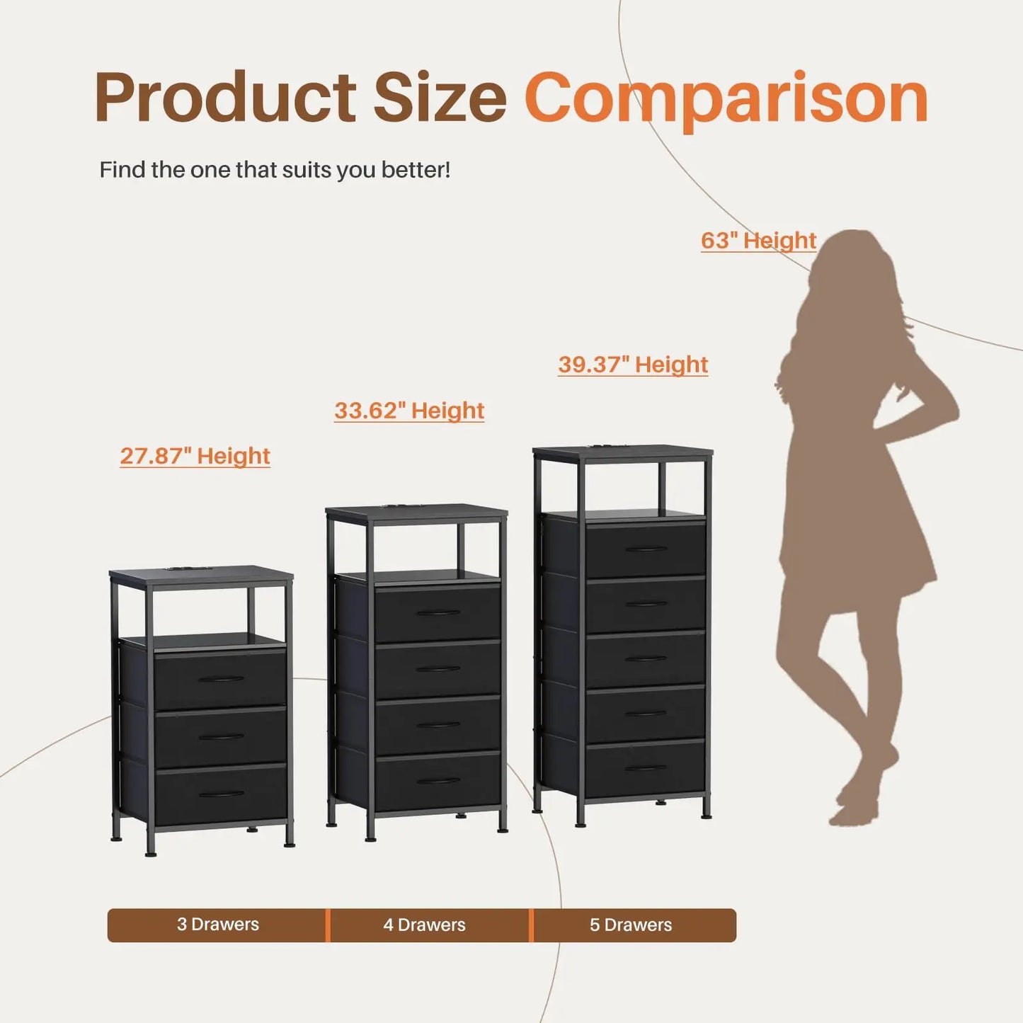 JHK 5 Fabric Drawers Dresser For Bedroom Nightstand with Charging Station and Outlets Adjustable Feet and Variable Light Strip