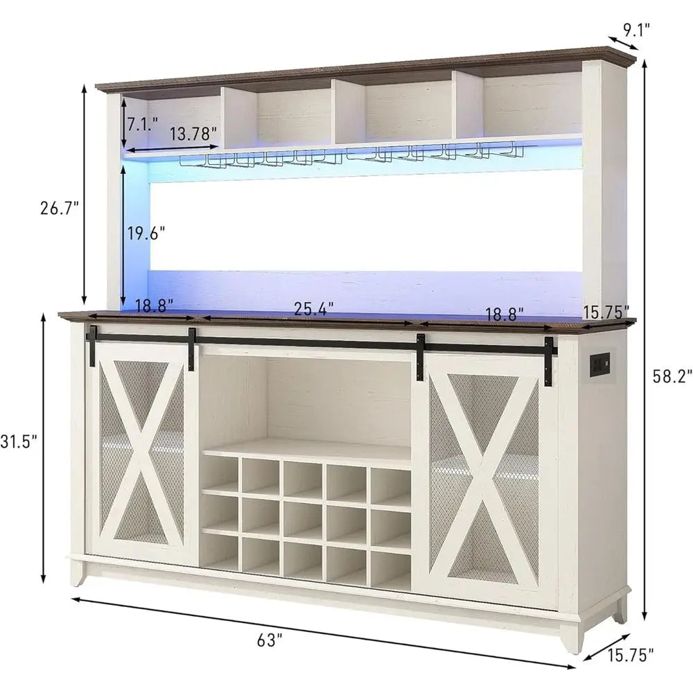 Bar Cabinet With Power Outlet LED Light And Wine Racks