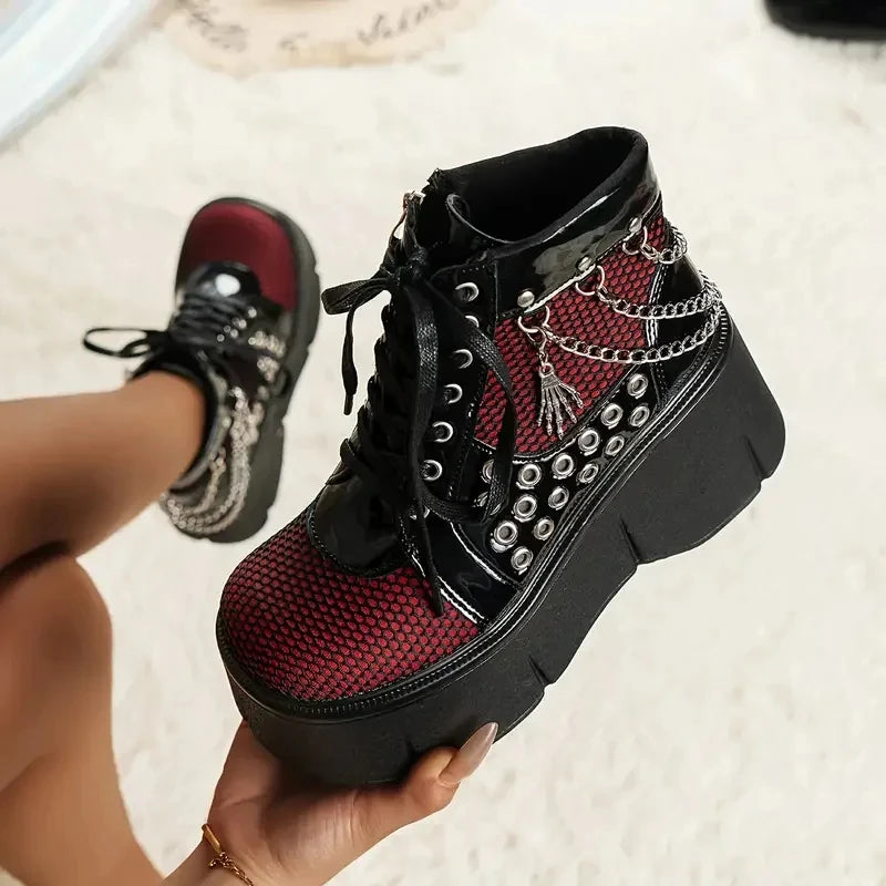 Women's Punk Goth Platform Boots With Chain Details