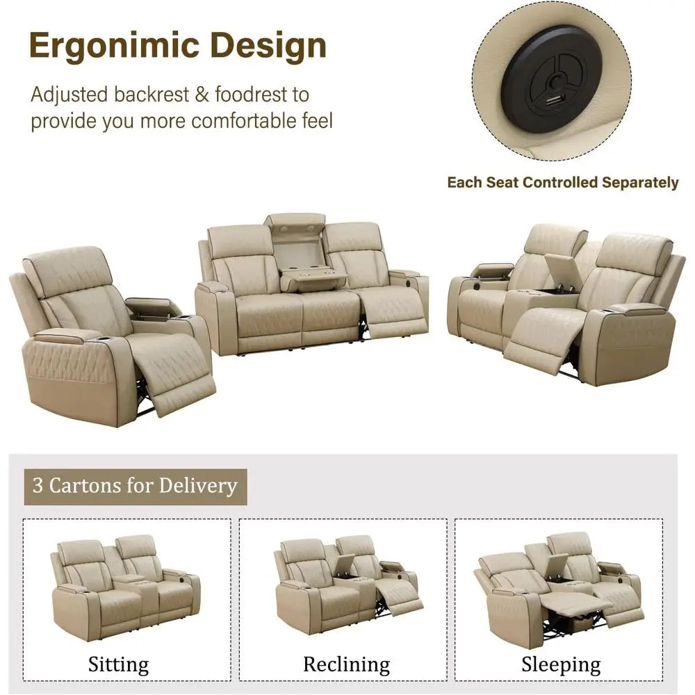 Three-Piece Reclining Sofa Set With LED Lighting And USB Ports