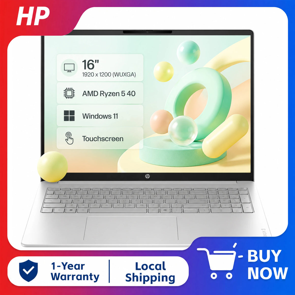 HP OmniBook 3 16" 2K Touchscreen Laptop, AMD Ryzen 5 40, Up to 8GB DDR5 Memory, 1TB SSD, Windows 11 Home, Glacier Silver