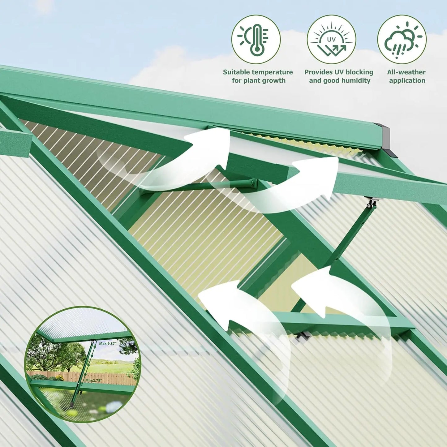 Polycarbonate Walk-In Greenhouse With Roof Vent And Ground Nails