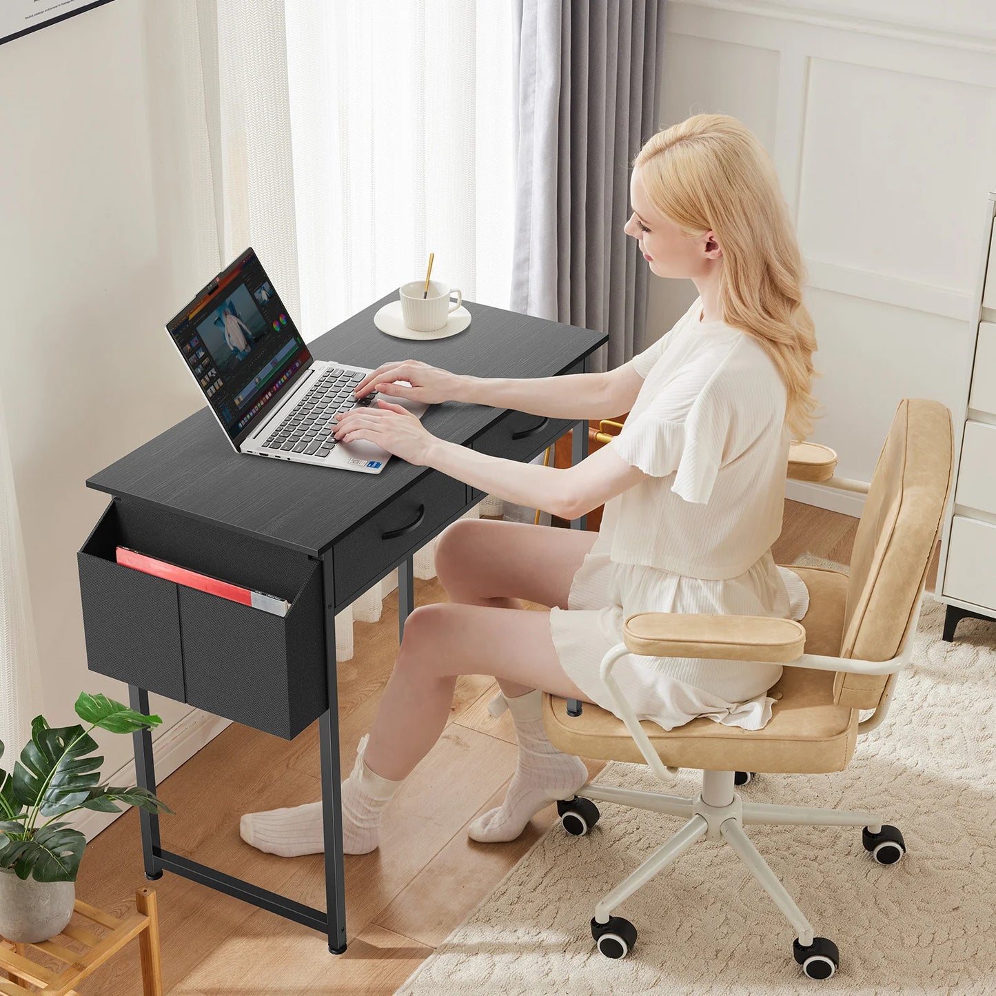 JHK Modern 32 Inch Office Computer Desk With Fabric Storage
