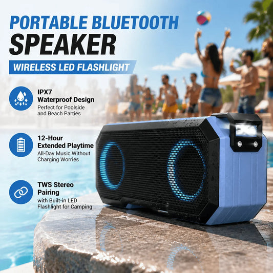 Portable Bluetooth Speaker Wireless LED Flash Light TWS Bass Stereo IPX7 Waterproof Loudspeaker FM Radio 12 Hours Playtime Subwoofer Outdoor Boombox for Pool Beach Party Camping Travel Smartphone Compatible