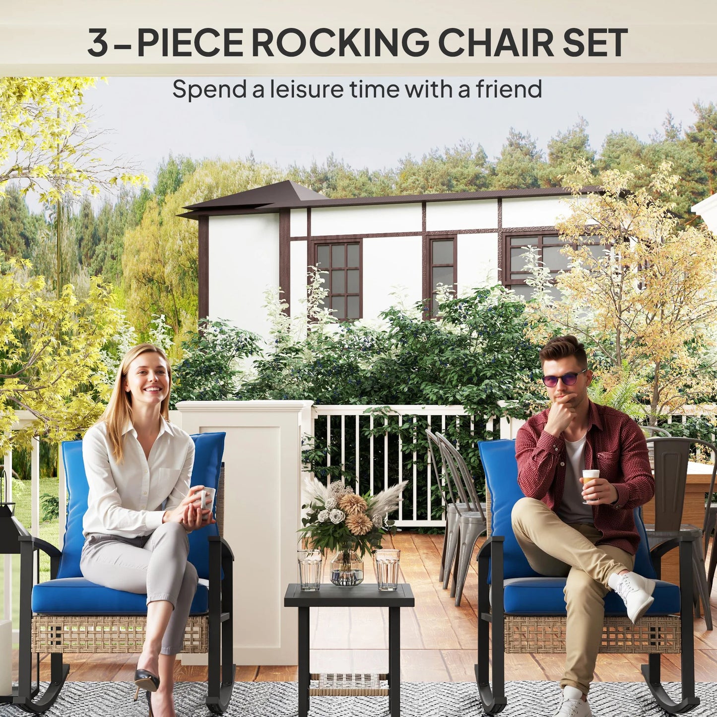 Outsunny 3 Piece Metal Rattan Bistro Set With Rocking Chairs And Coffee Table Dark Blue