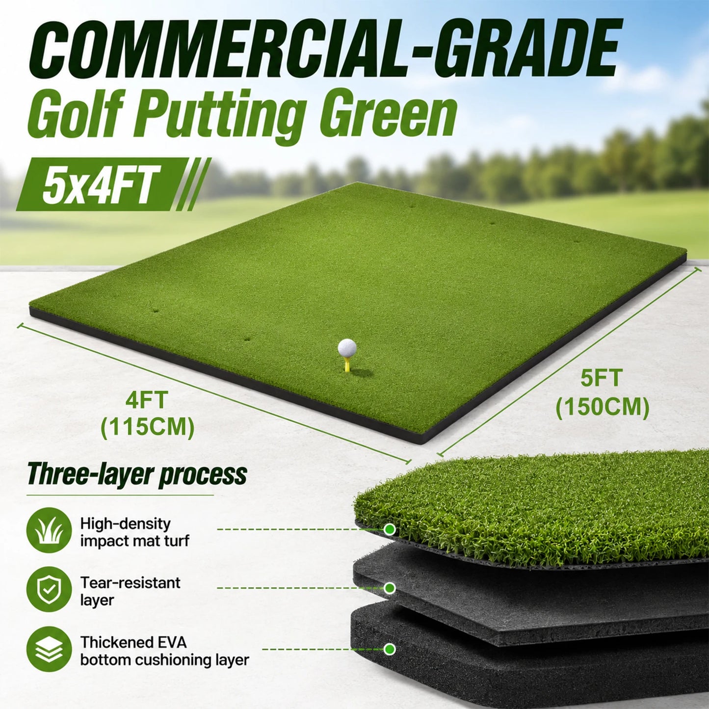 Golf Turf Mat, 5x4ft Training Aid Practice Equipment, Outdoor Indoor Artificial Turf Mat with Balls, Tees, for Backyard Chipping Garage Driving Range Simulators
