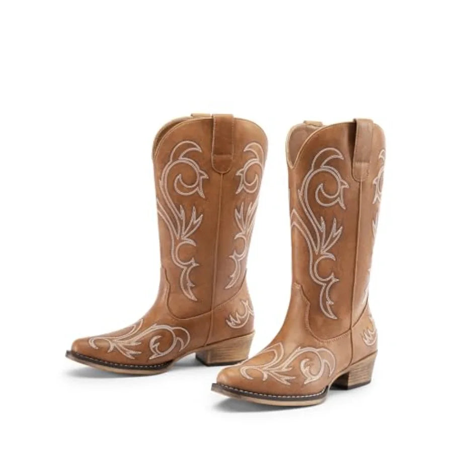 Mid Calf Women's Embroidered Square Toe Western Cowboy Boots