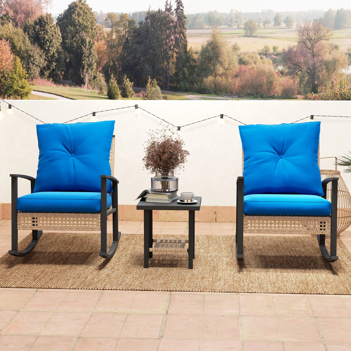 Outsunny 3 Piece Metal Rattan Bistro Set With Rocking Chairs And Coffee Table Dark Blue