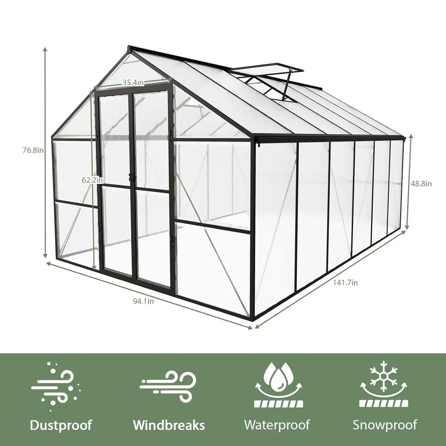 Heavy Duty Outdoor Greenhouse With Aluminum Frame And Polycarbonate Panels
