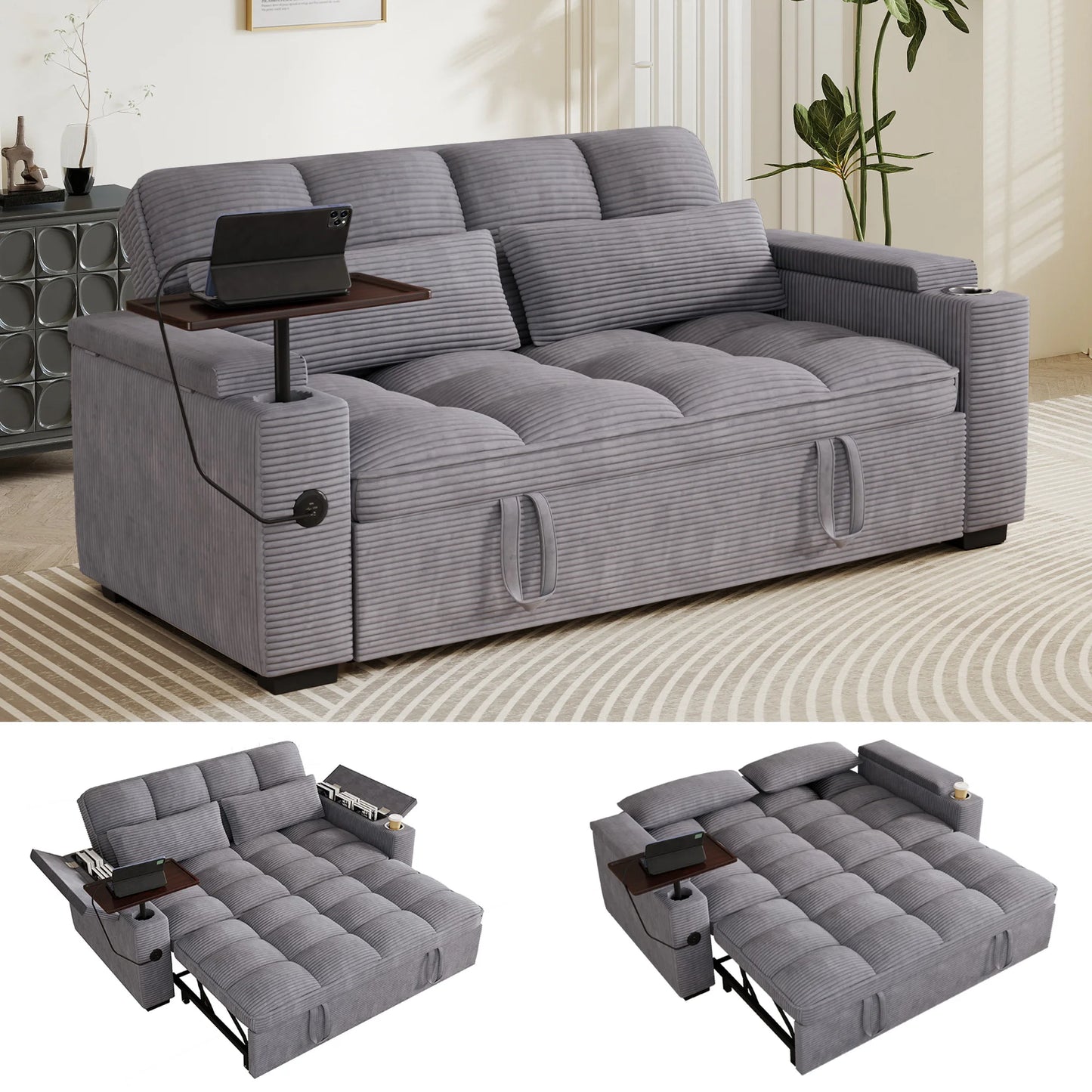 65 Inch Foldable Sofa Bed With Swivel Table And USB Charging