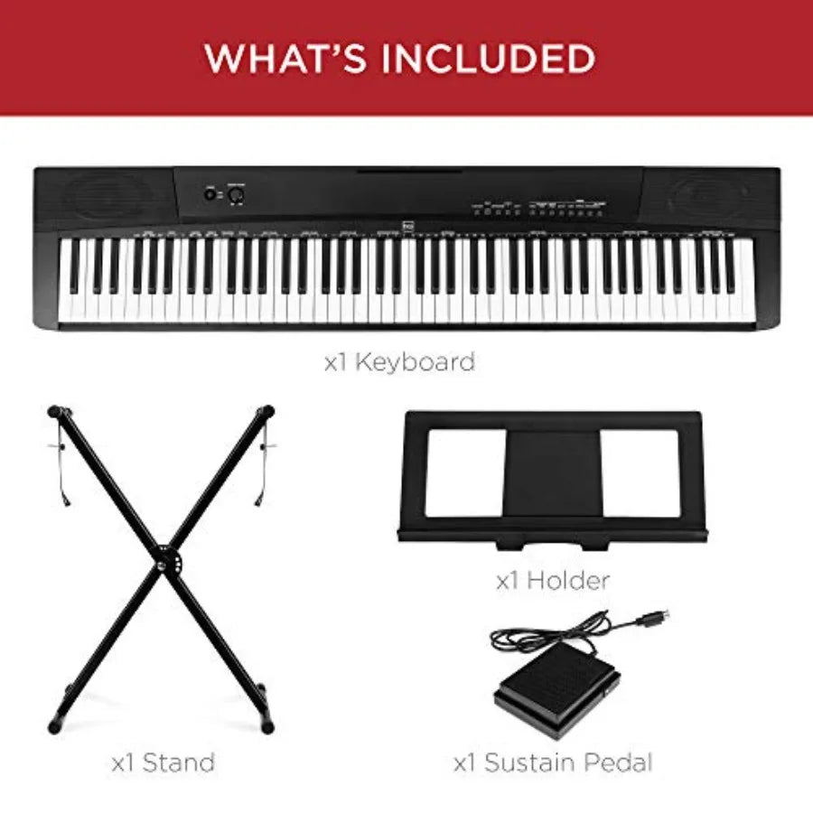 Digital piano for home practice and live performance: 88-key semi-weighted keyboard in black, with built-in speakers, 6 voice s