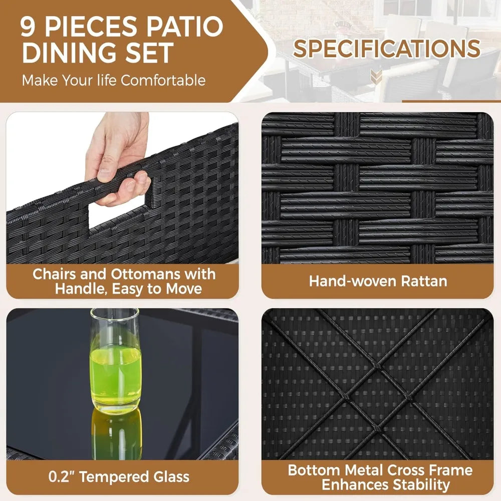 Outdoor Rattan Patio Dining Set With Glass Table And Ottomans
