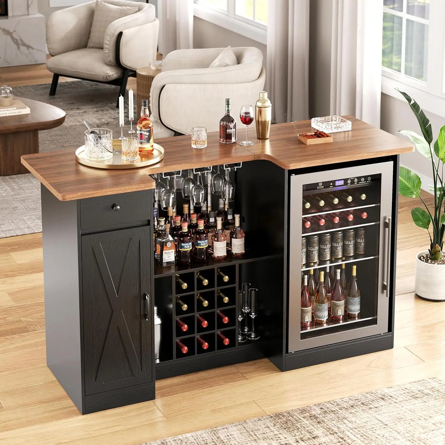 U Shape Bar Cabinet With Fridge Space And Wine Rack