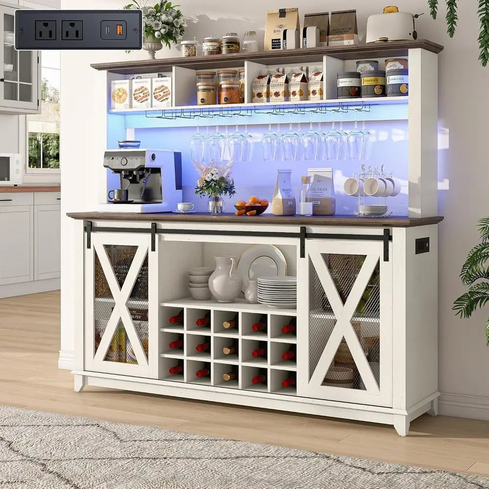 Bar Cabinet With Power Outlet LED Light And Wine Racks