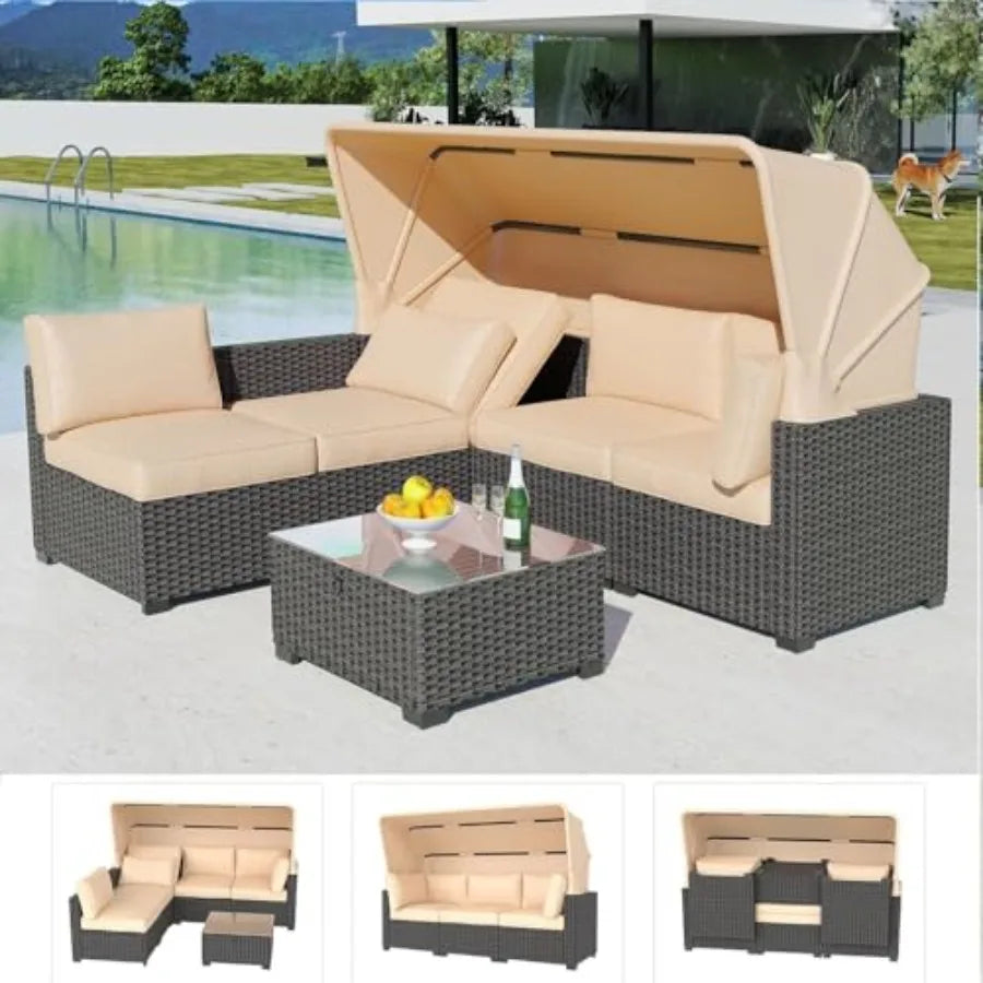 OLOEY Patio Furniture Set Wicker Sofa With Retractable Canopy