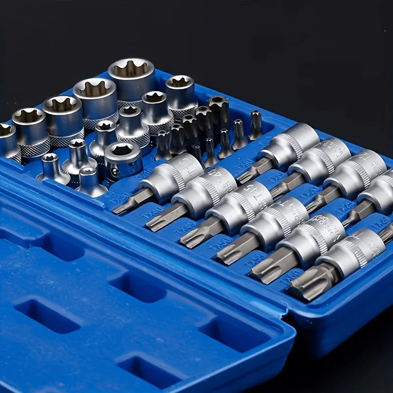 35-piece set of Torx and E-Torx screwdriver bits, compatible with 1/4-inch, 3/8-inch, and 1/2-inch drivers, including male and female E-Torx security screwdriver bits, designed for handheld use