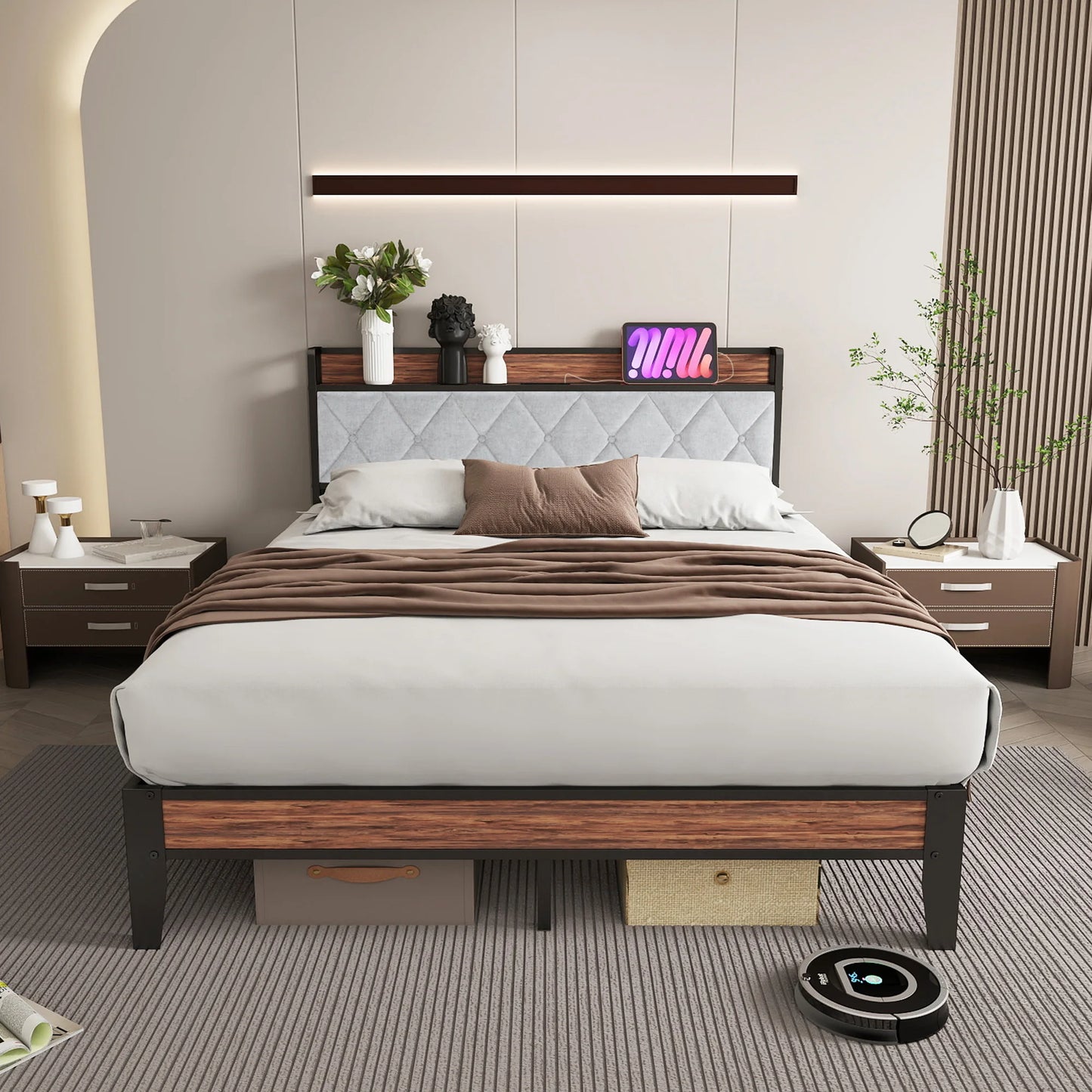 JHK King Size Metal Bed Frame With Storage And Charging Station