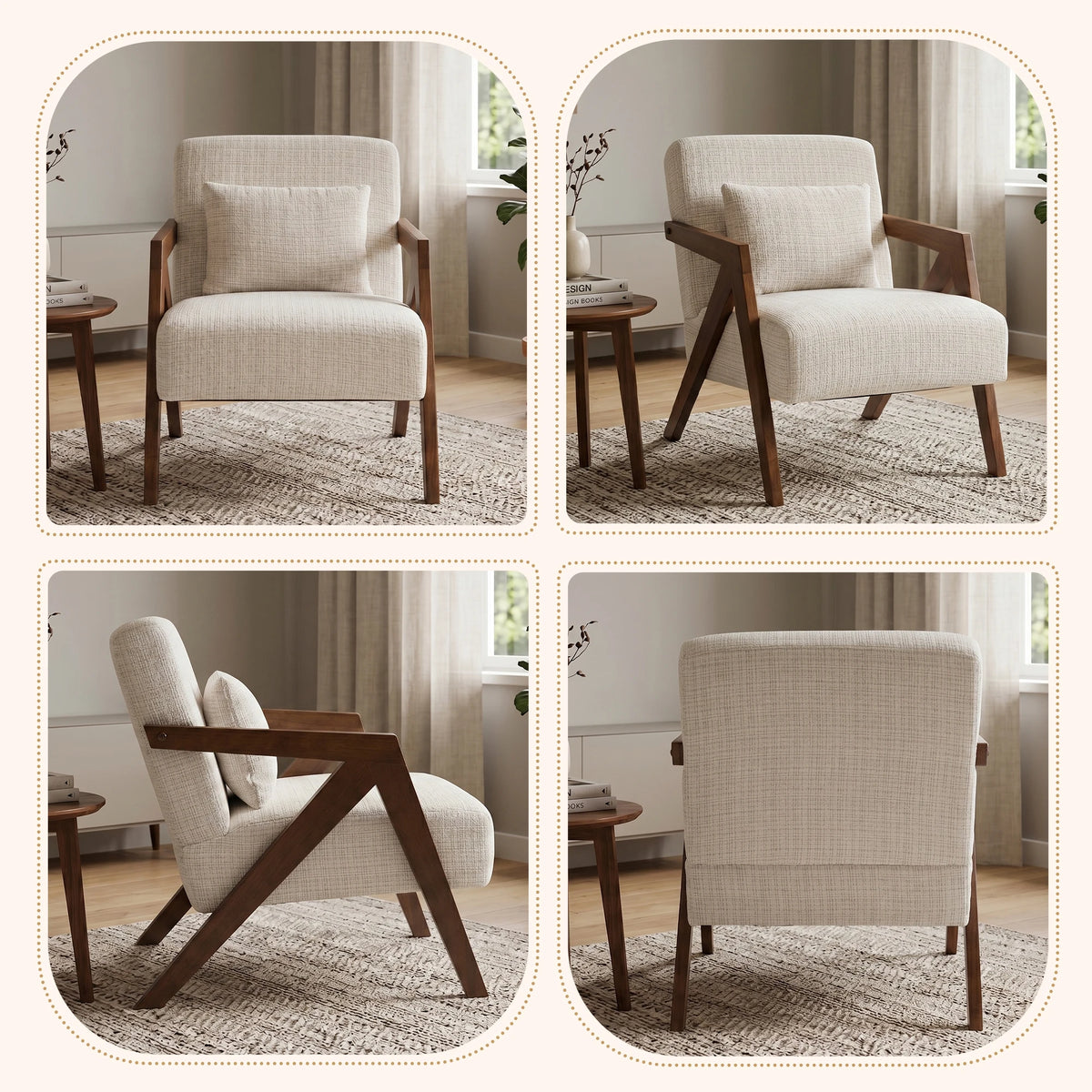 Mid Century Modern Z Shaped Wooden Frame Chenille Armchair