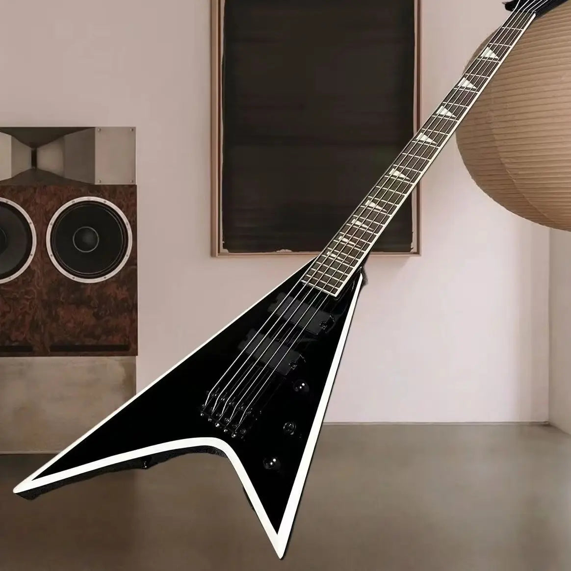 The New V-shaped Electric Guitar Features A Black Band with White Edging and A 5-string Bass Design That Is Suitable As A Holiday Gift