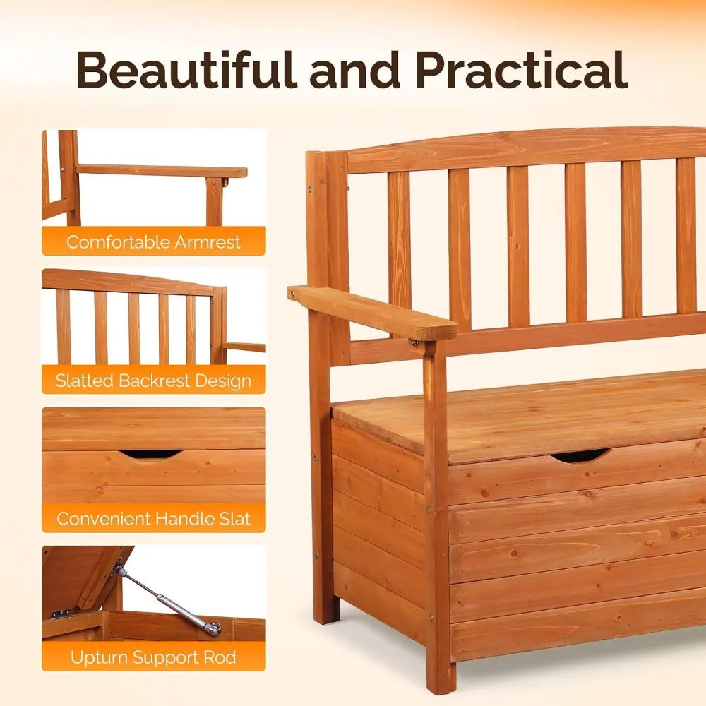 Outdoor Wood Storage Bench With Seating For Deck And Garden