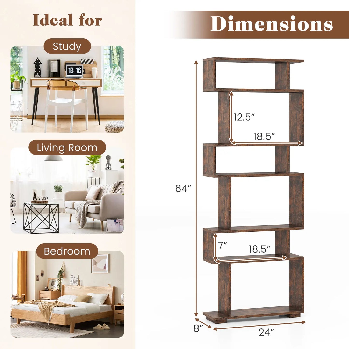6-tier Storage Bookshelf S-shaped Geometric Bookcase w/ Anti-toppling Kits