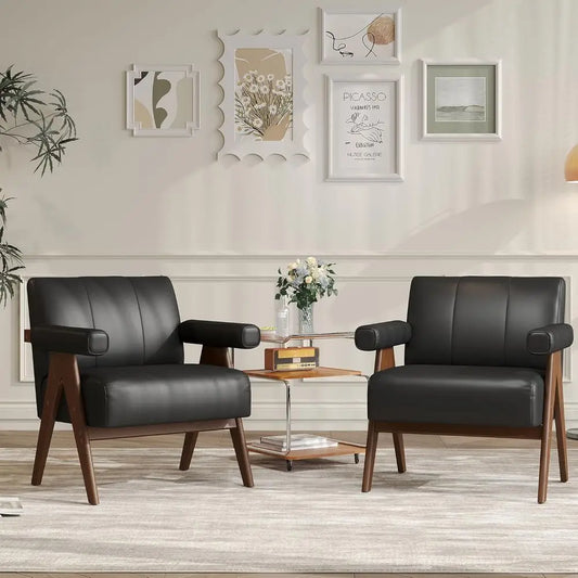 Leather Reading Accent Chairs Set of 2 With Wooden Arms