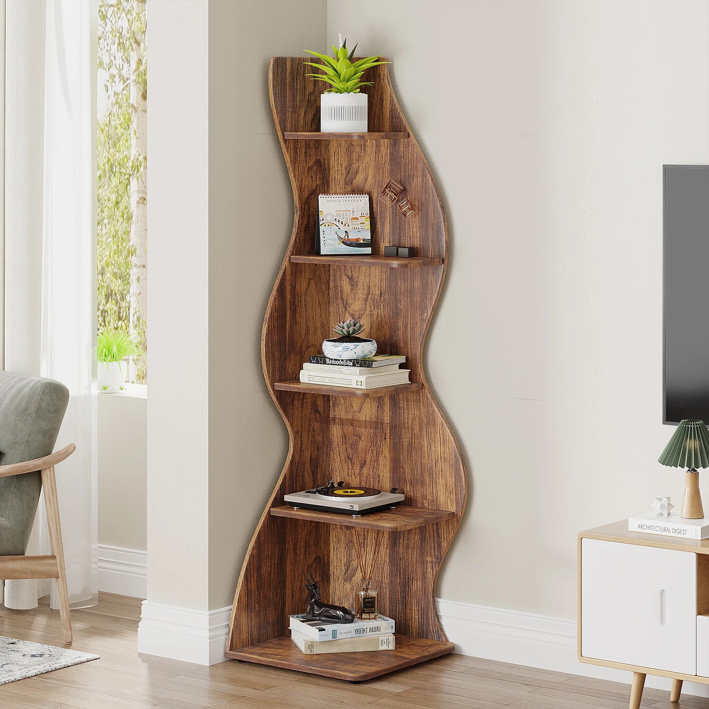Tribesigns Rustic 5-Tier Corner Shelf Wall Bookcase For Living Room