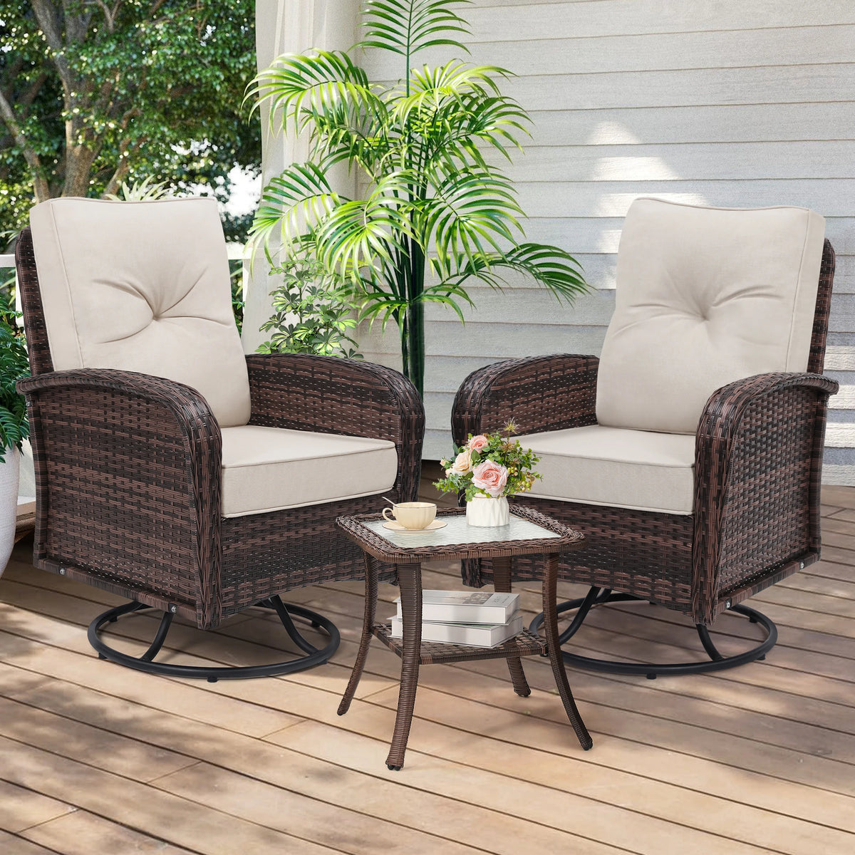 Tuarex Swivel Wicker Chair with Side Table Outdoor Patio Set