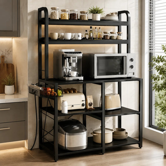 6 Tier Black Baker Rack with Power Outlet, Kitchen Microwave Stand Coffee Bar Station with Wire Drawer & Storage Basket, Large Freestanding Kitchen Organizer Shelf with MDF Board and Steel Frame for Cookware Spices Dining Roo