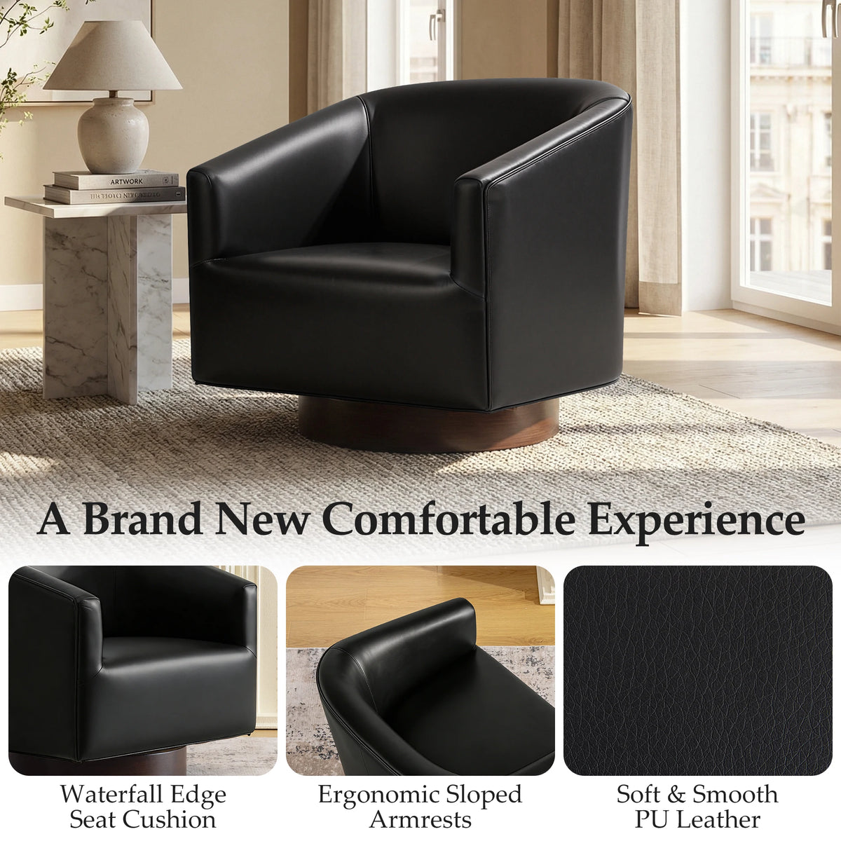 KERDOM Barrel Accent Chair, Modern Round Linen Arm Chair for Living Room, Bedroom, Comfy Club Reading Chairs for Adults, Black