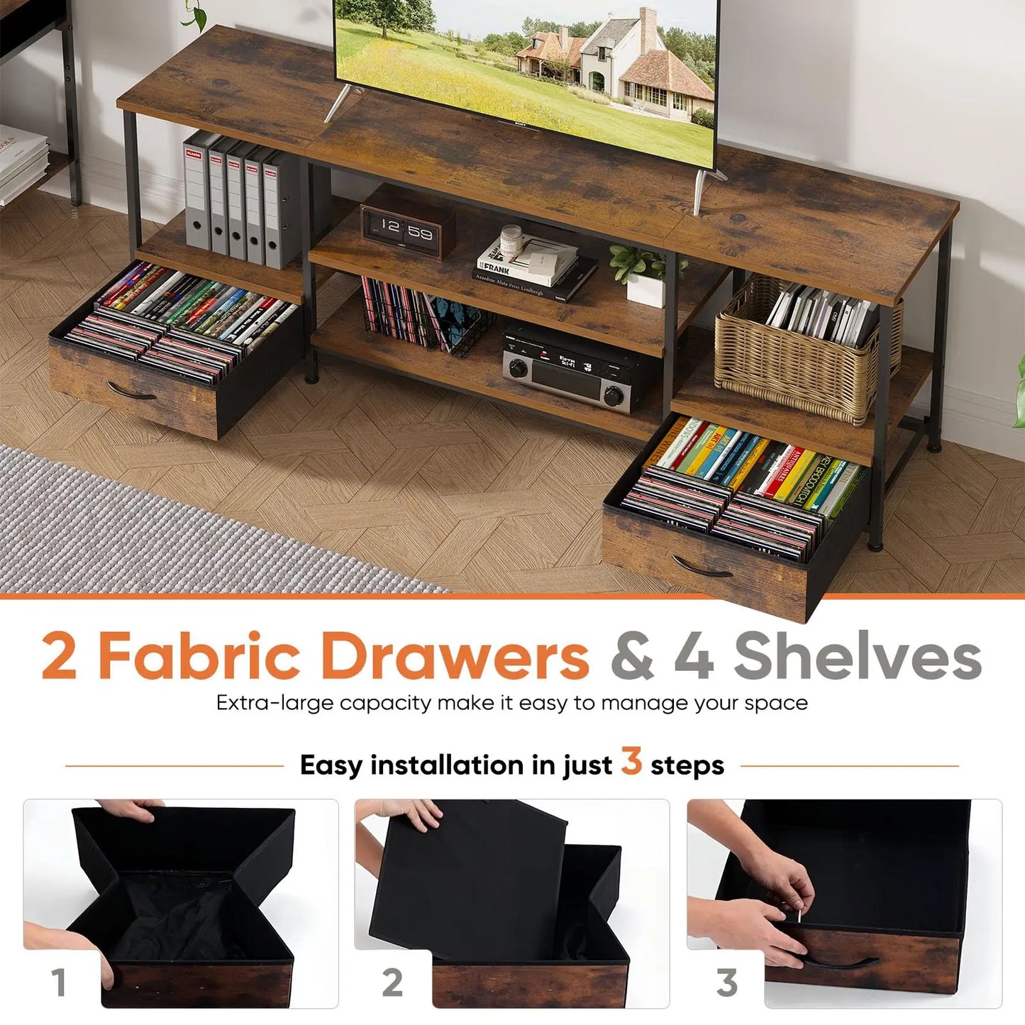 JHK Wooden TV Stand With Adjustable Shelves And Storage