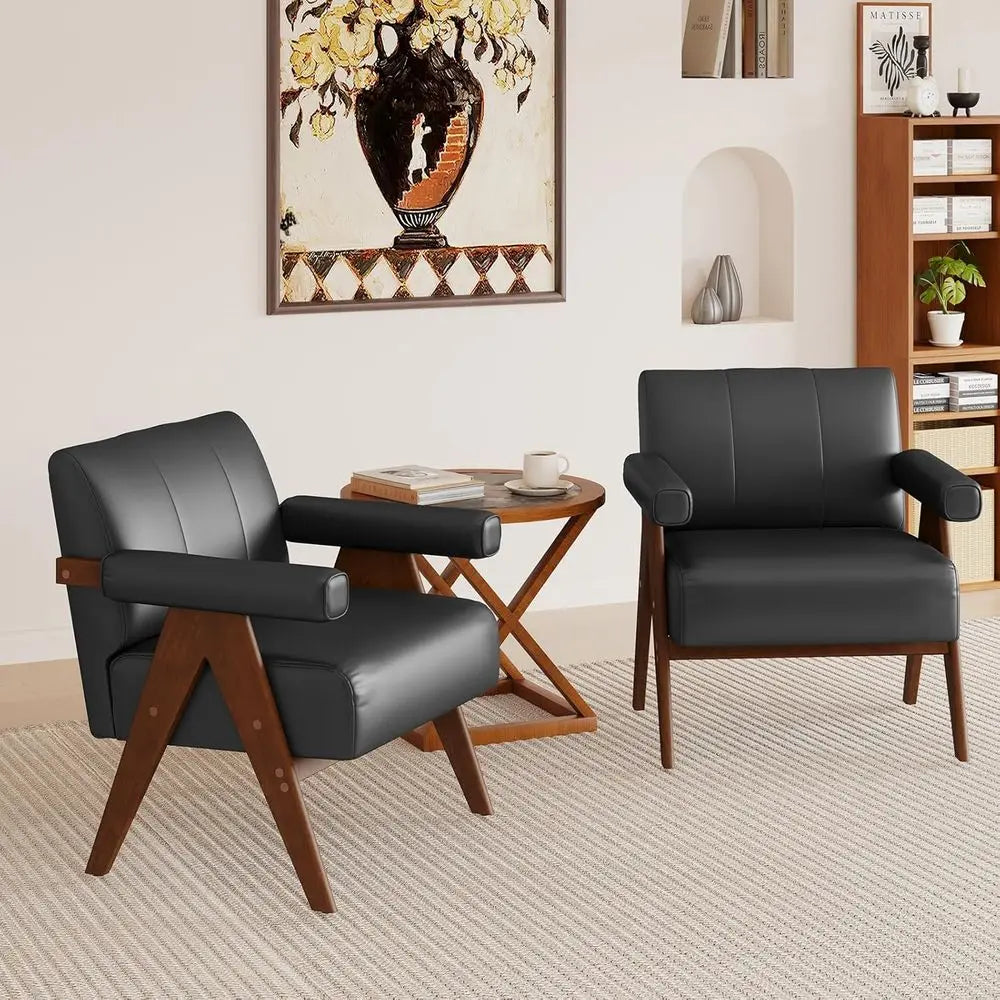 Leather Reading Accent Chairs Set of 2 With Wooden Arms