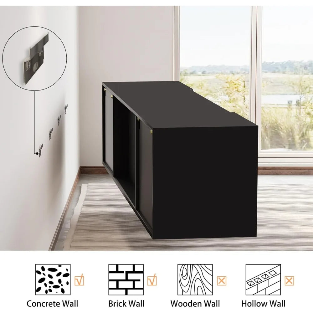 Floating Television Stand With Electric Fireplace Entertainment Center Storage
