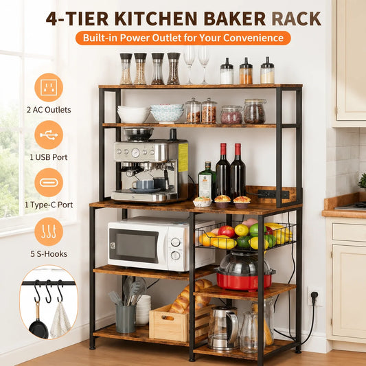35 Inch Kitchen Baker Rack with Power Outlet, 4 Tier Microwave Stand Storage Shelf with 2 AC Outlets USB & Type-C Ports, Coffee Bar Station with 5 S Hooks, Industrial Metal Kitchen Organizer for Spices Pots Mugs Small Applian