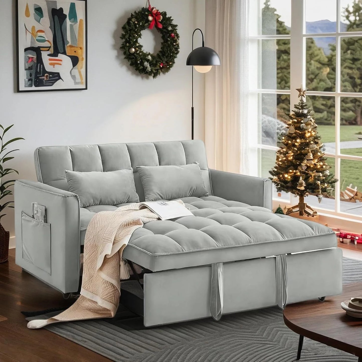 Velvet Convertible Sleeper Sofa With Modern Tufted Back Design