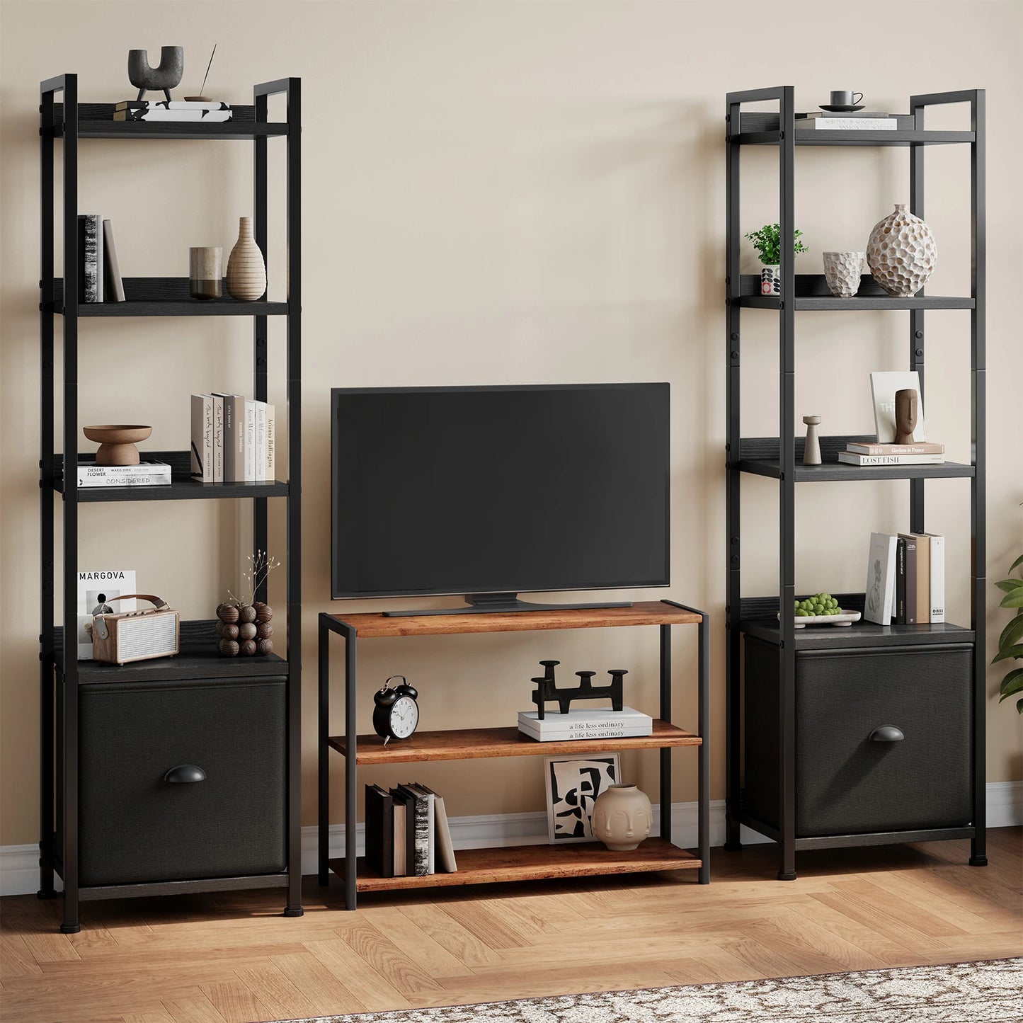 MCQ 5 Tier Metal And Wood Bookshelf With Fabric Drawers