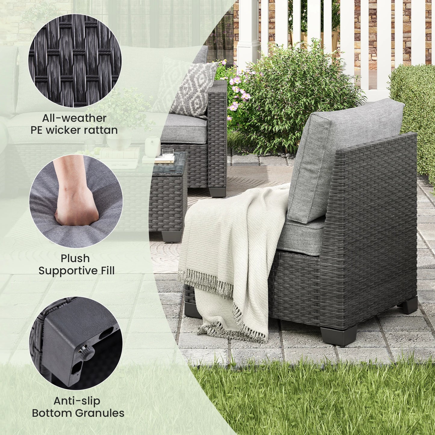 Patio Sectional Sofa Set With Ottoman, Water-Oil-Stain-Resistant Fabric