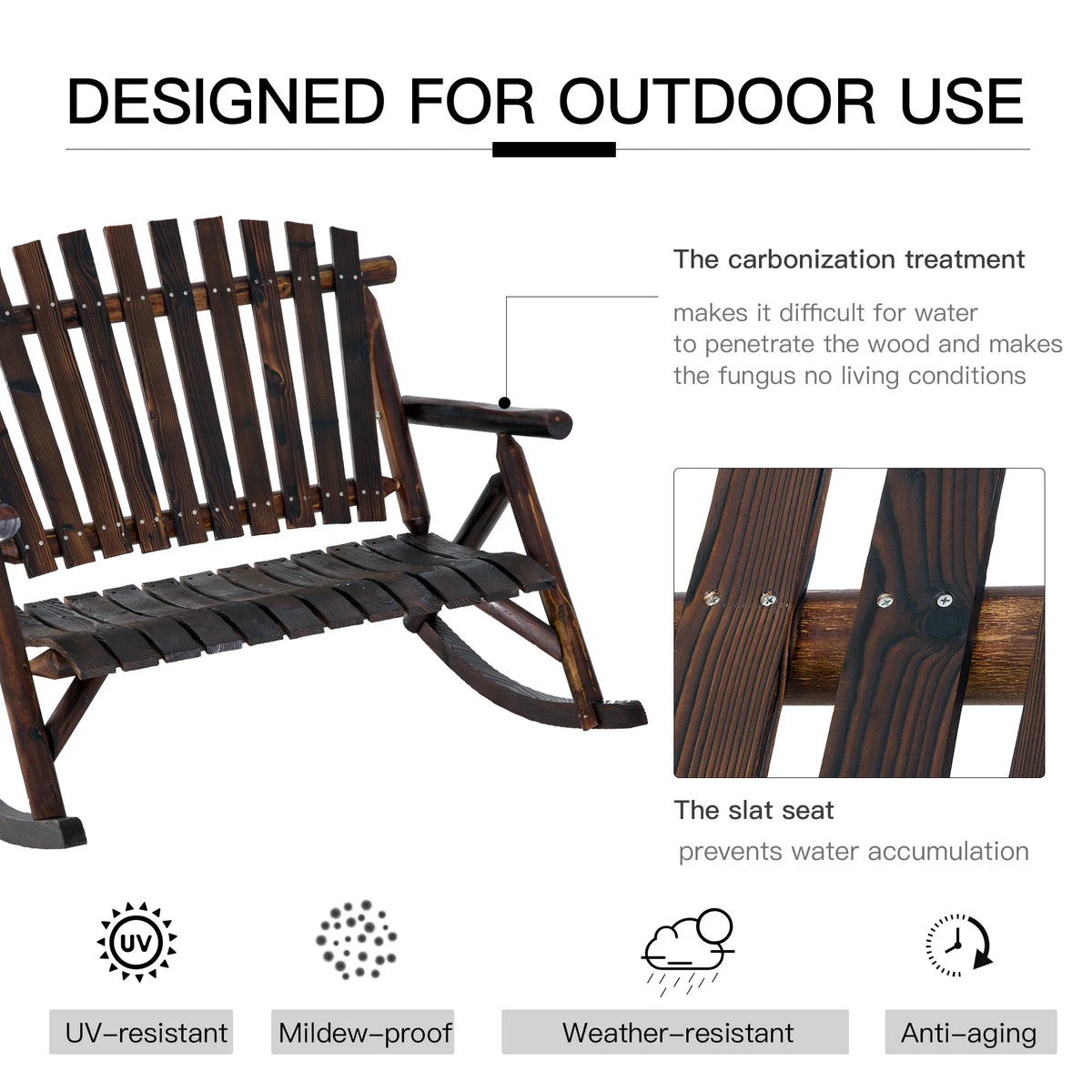 Wooden Adirondack Rocker Loveseat 2 Seat Wood Rocking Chair Porch Carbonized