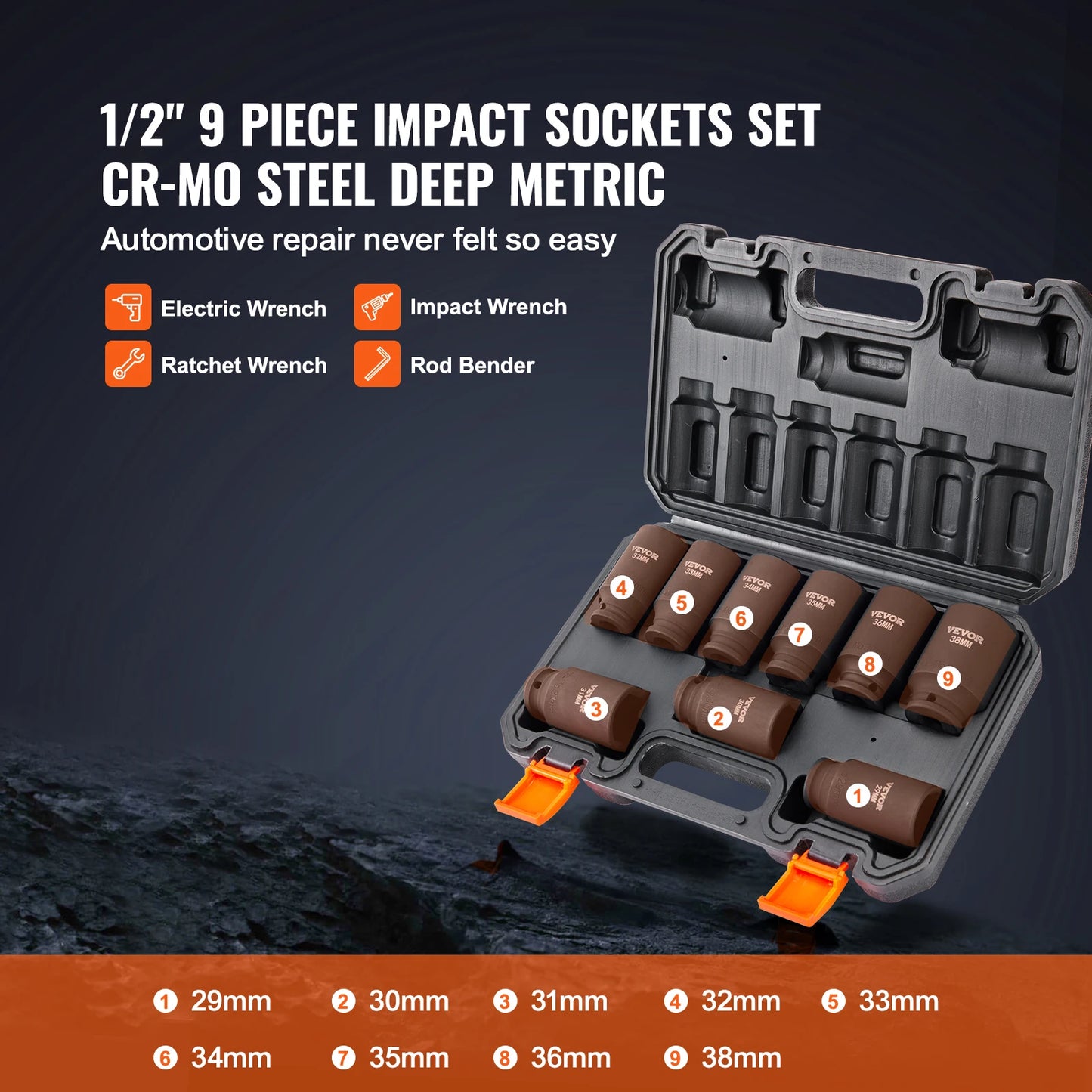 SucceBuy 1/2" Drive Impact Socket Set 9 Piece Deep Socket Set Metric 29-38mm 6 Point Cr-Mo Alloy Steel for Auto Repair