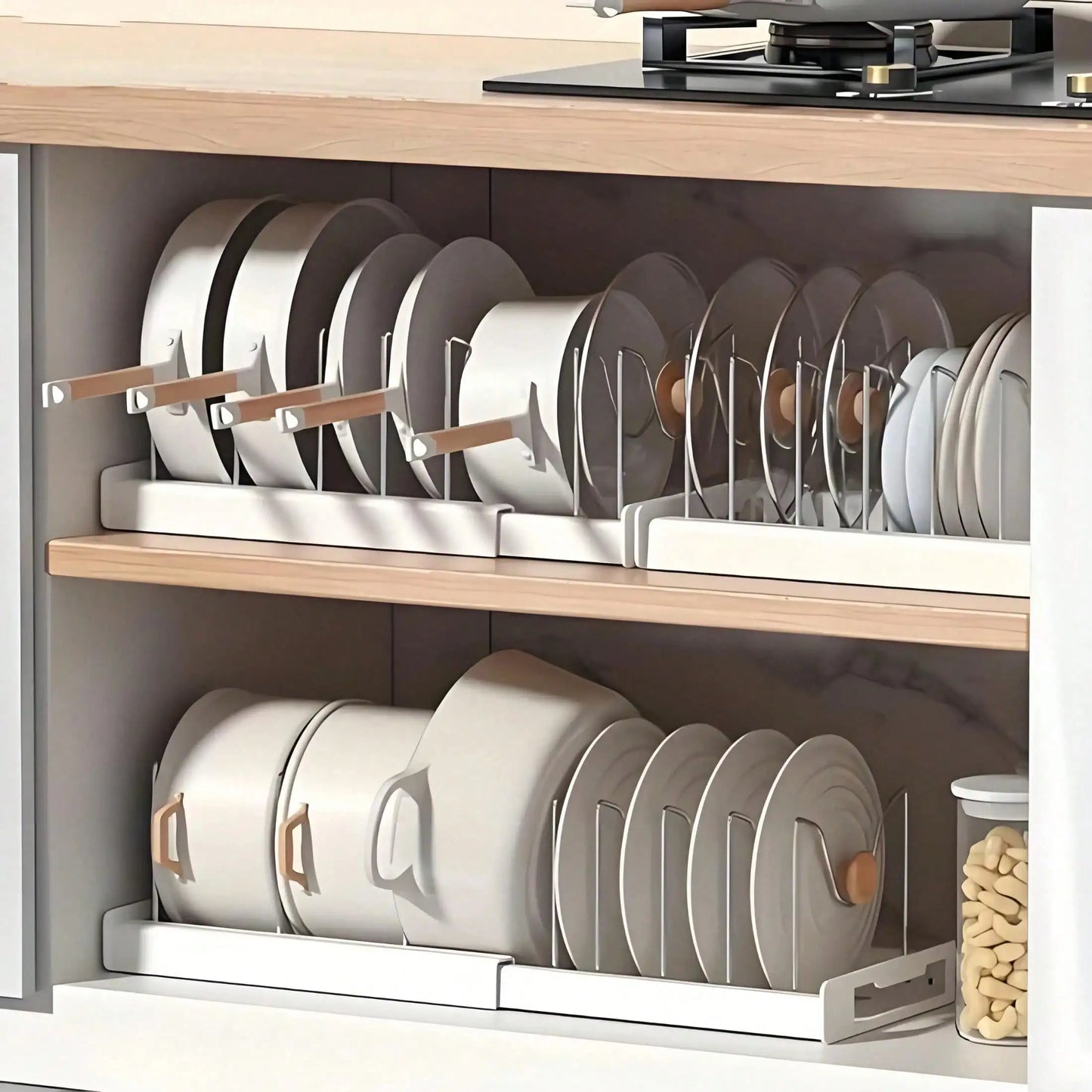 Pull-Out Pot And Pan Organizer, Kitchen Cabinet Drawer With 10 Adjustable Dividers, Easy Assembly, Pasting Fixed, No Drilling, Large Capacity, Heavy Duty, Expandable Length Between 16.93-23.23 Inches, Perfect Mother's Day Gif
