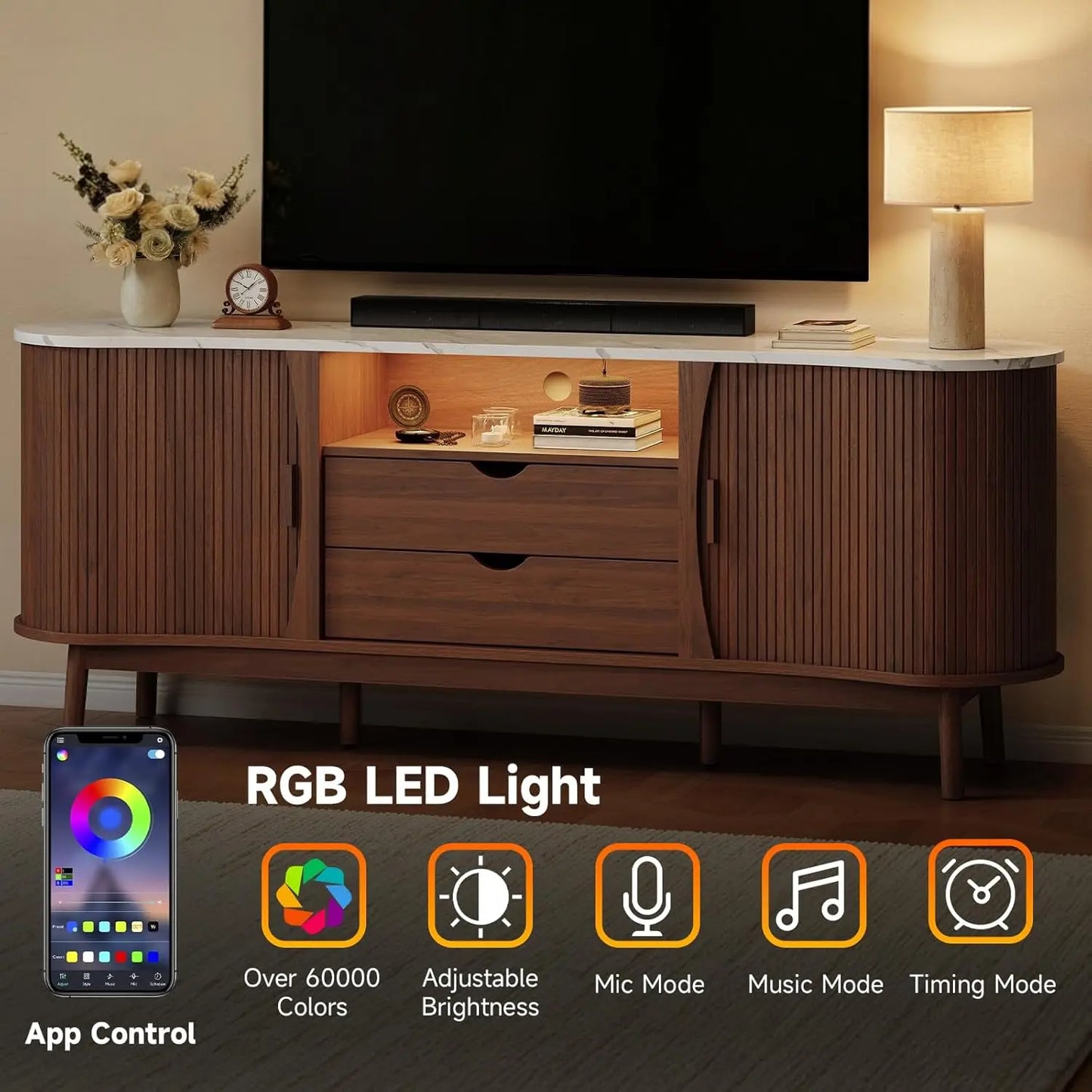 Onbrill 70 Inch Fluted Tv Stand Entertainment Center
