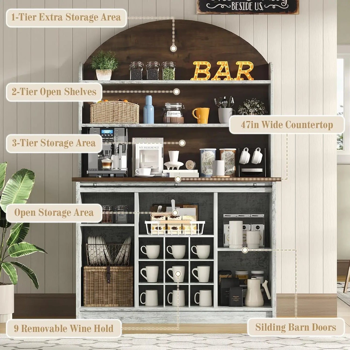 Coffee Bar Cabinet With Sliding Barn Doors And Wine Rack