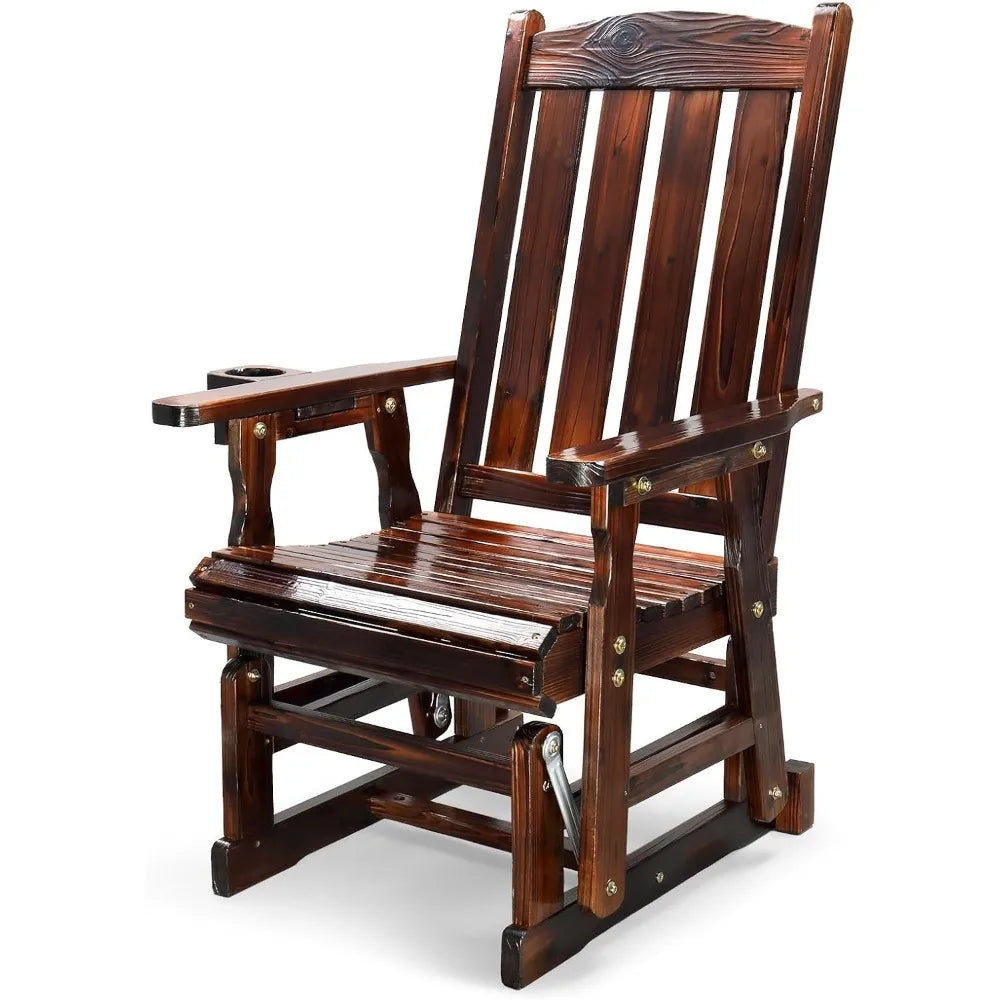 Outdoor Wooden Patio Glider Chair Cup Holder Smooth Rocking Rustic