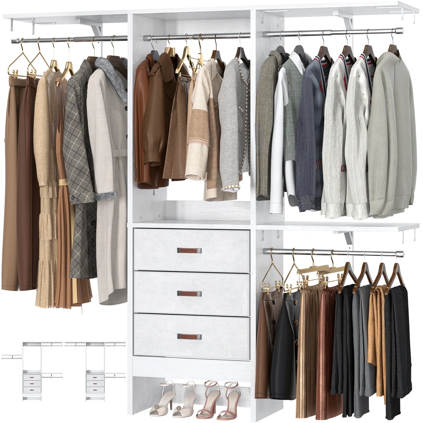 5FT Small Closet System with 3 Fabric Drawers, 60'' Walk In Closet Organizer System With 3 Adjustable Shelves