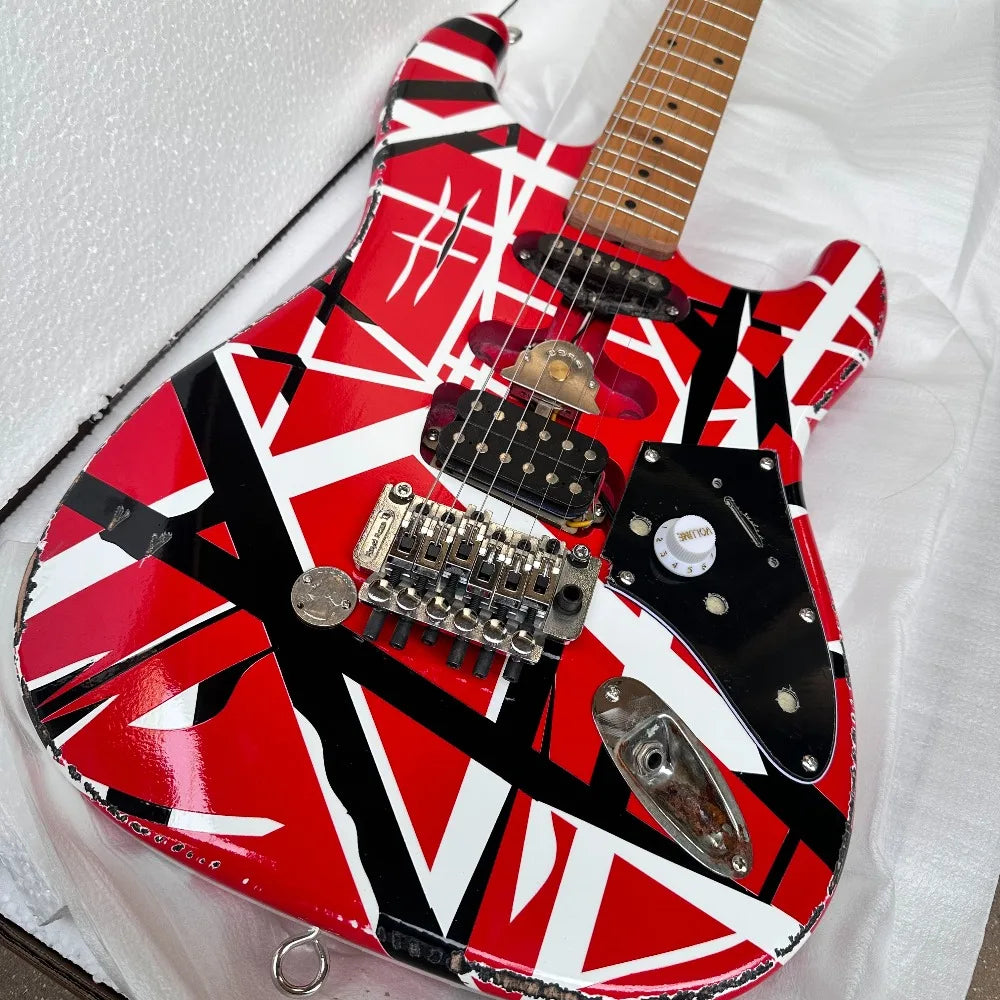 US Shipping  ST Electric Guitar Red/Black/White Striped Finish, Maple Fingerboard, SH Pickup Configuration, Vintage Tremolo System For Rock Players Free Shipping