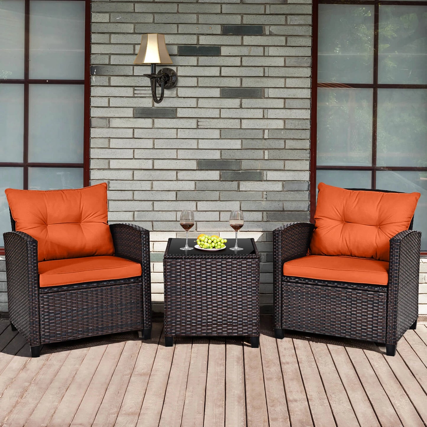 HOMASIS 3-Piece Cushioned Patio Rattan Conversation Set
