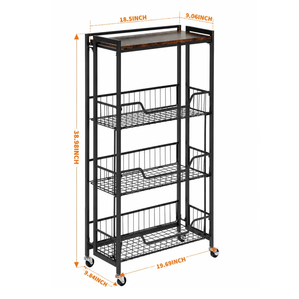 Large 4-Tier Foldable Storage Cart with Lockable Casters, 100 Lbs Capacity Expandable Kitchen Organizer, No Assembly Heavy Duty Garage Shelving Utility Rack, Black