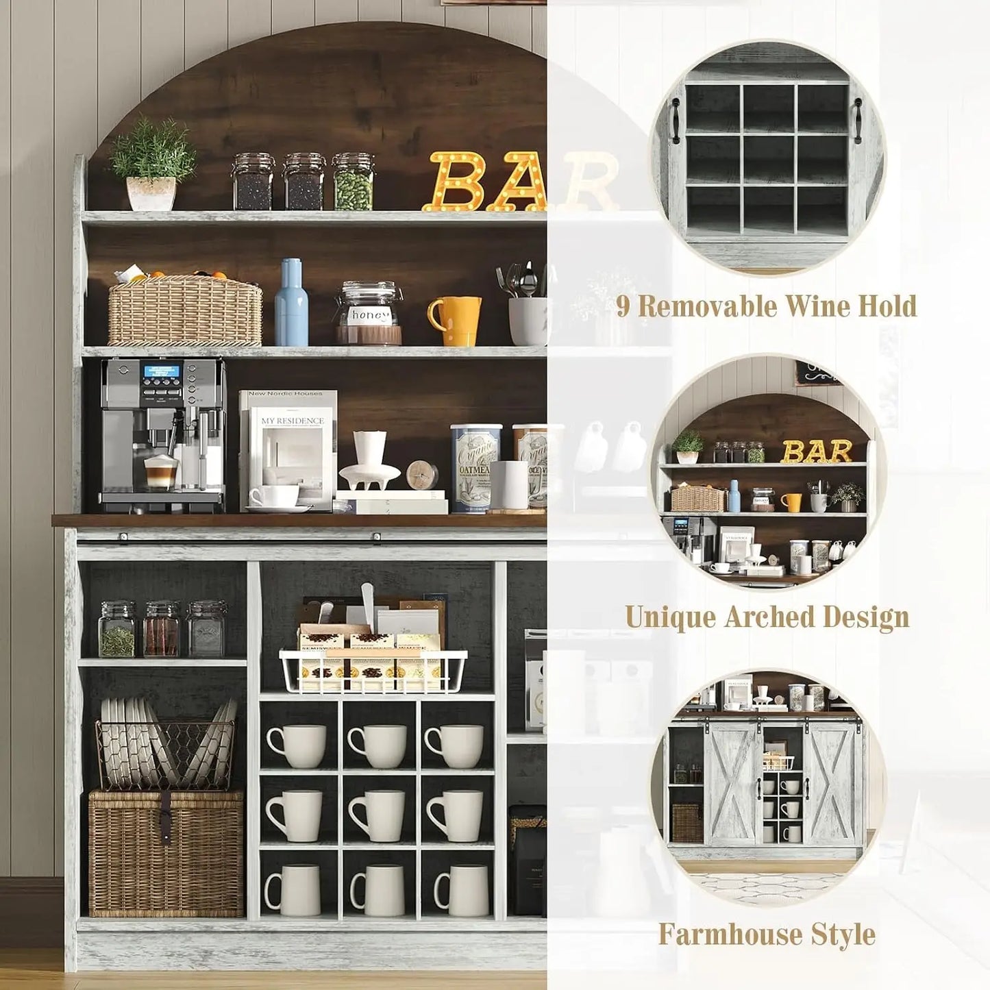 Coffee Bar Cabinet With Sliding Barn Doors And Wine Rack