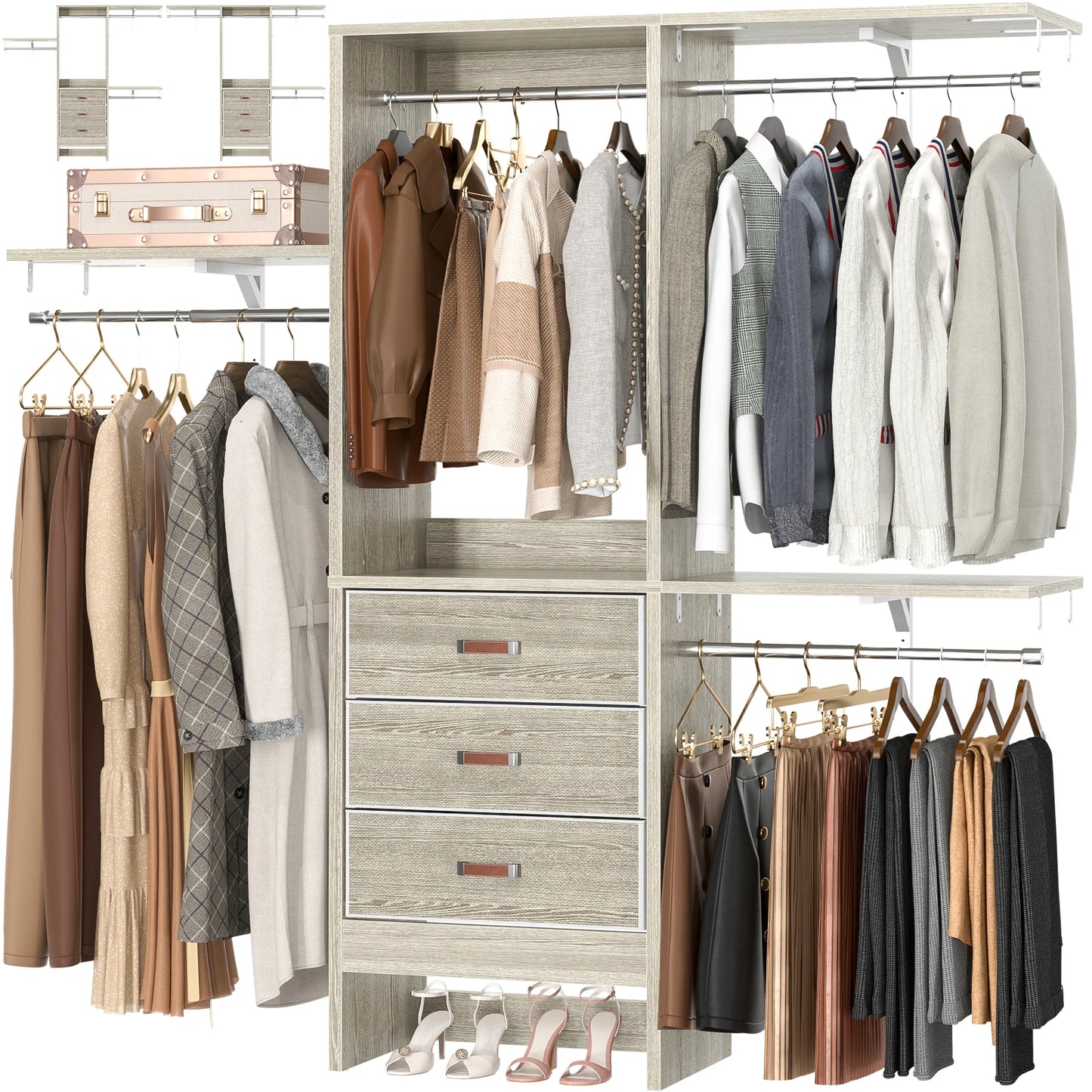 5FT Small Closet System with 3 Fabric Drawers, 60'' Walk In Closet Organizer System With 3 Adjustable Shelves